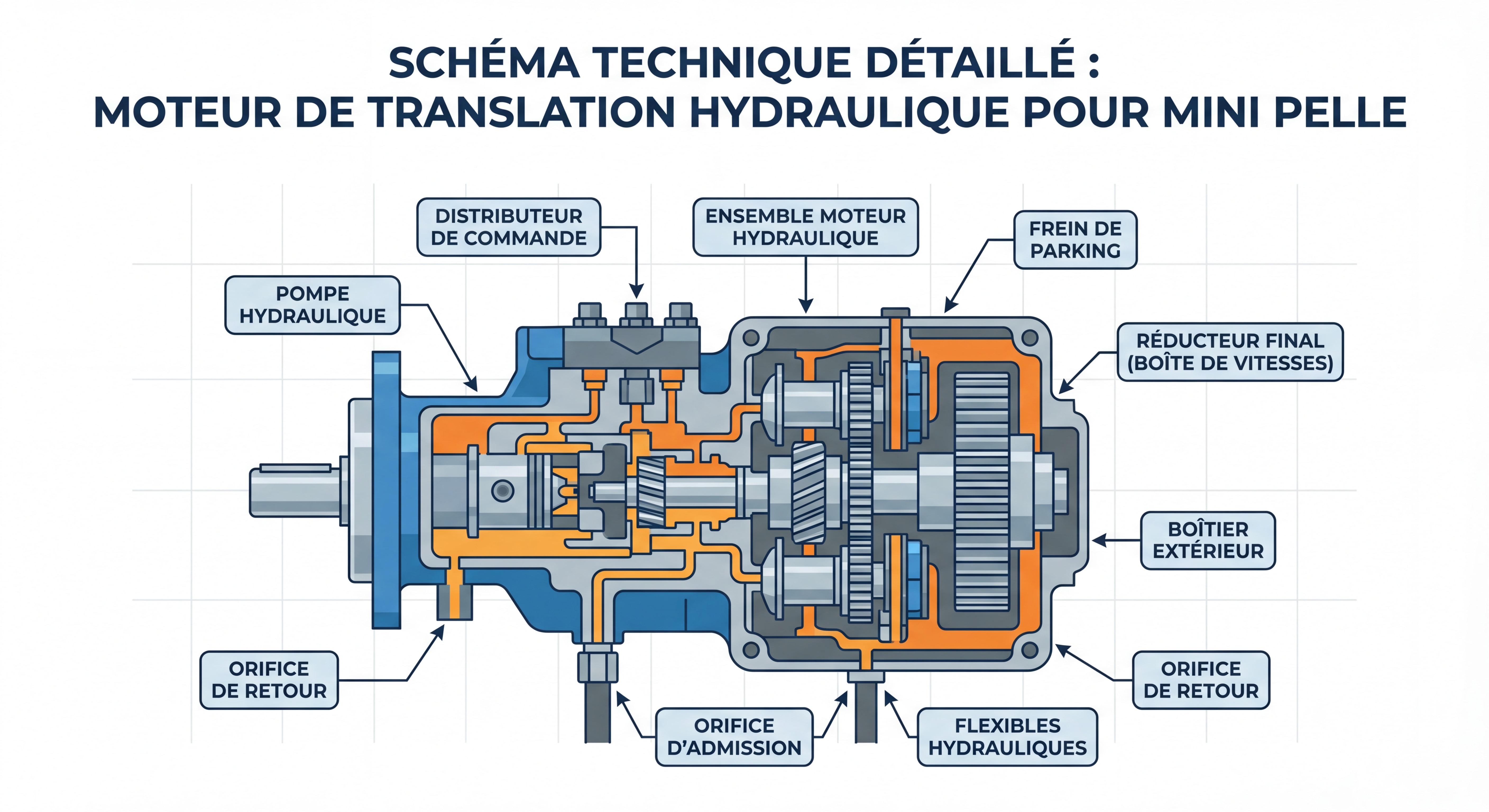 Schéma technique détaillé d'un moteur de translation hydraulique pour mini pelle avec composants identifiés