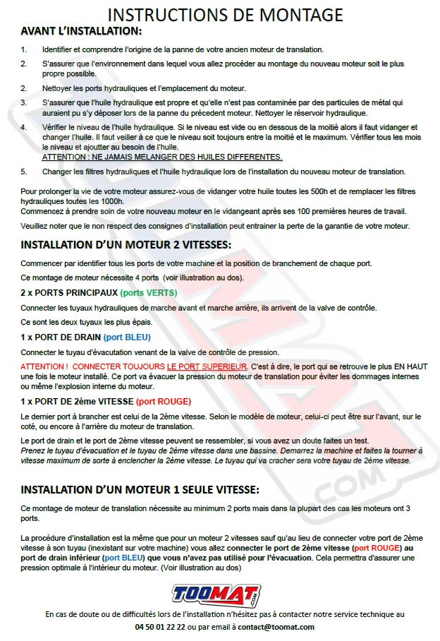 Notice d'installation moteur chenilles mini pelle